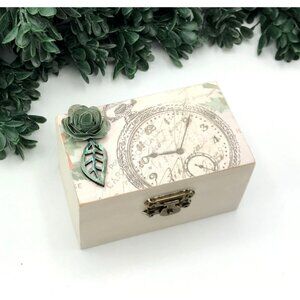 Small Wooden Trinket Box With Vintage Clock Design & Green Paper Rose Accents